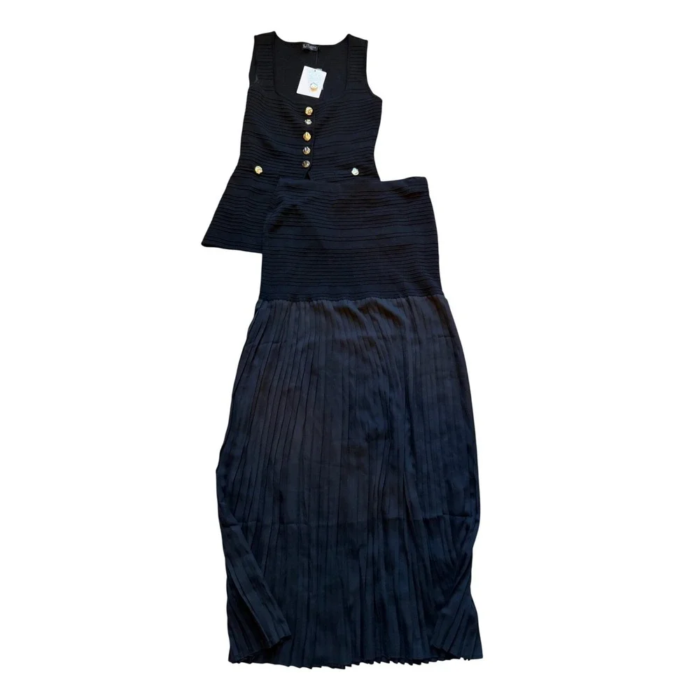 Blithe LA Black Knit Vest and Pleated Maxi Skirt 2 Piece Set Gold Buttons Large